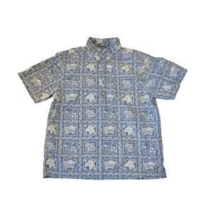 Boys Reyn Spooner Hawaiian Shirt XL Blue Cotton Island Print Short Sleeve